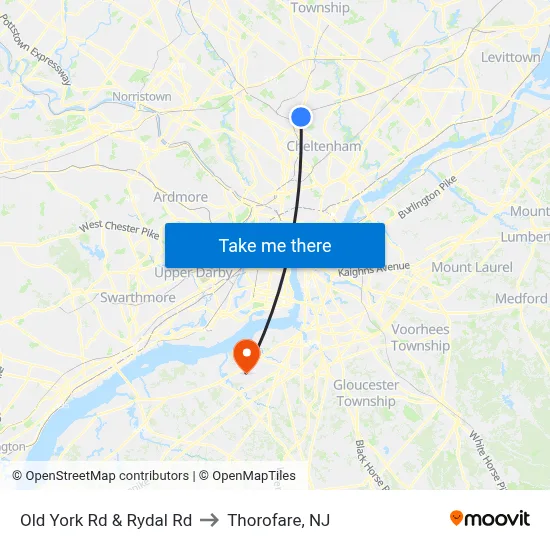Old York Rd & Rydal Rd to Thorofare, NJ map