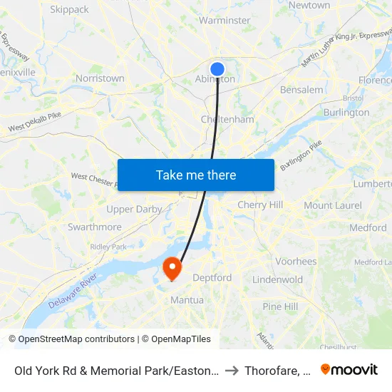 Old York Rd & Memorial Park/Easton Rd to Thorofare, NJ map
