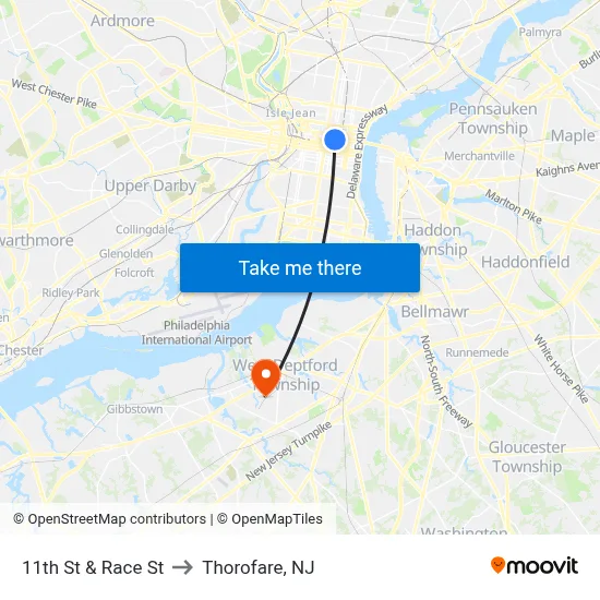 11th St & Race St to Thorofare, NJ map