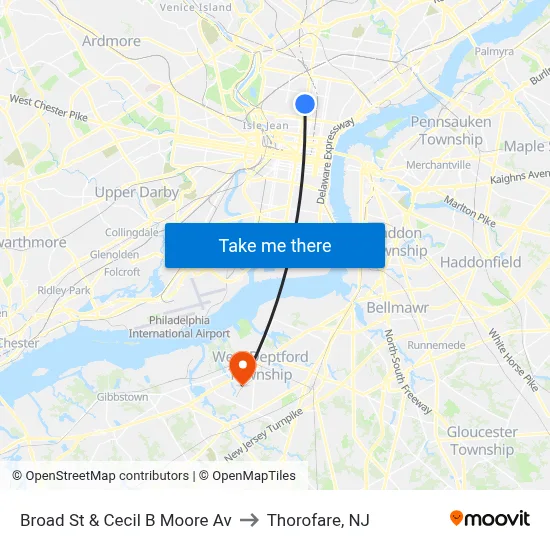 Broad St & Cecil B Moore Av to Thorofare, NJ map