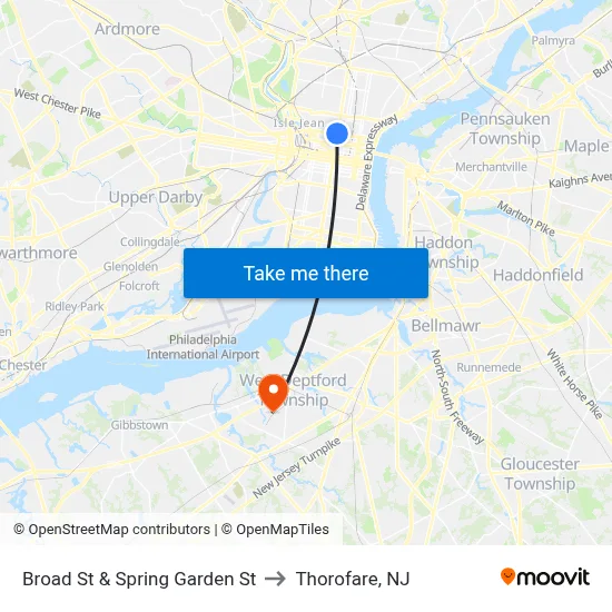 Broad St & Spring Garden St to Thorofare, NJ map
