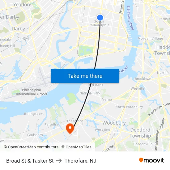Broad St & Tasker St to Thorofare, NJ map