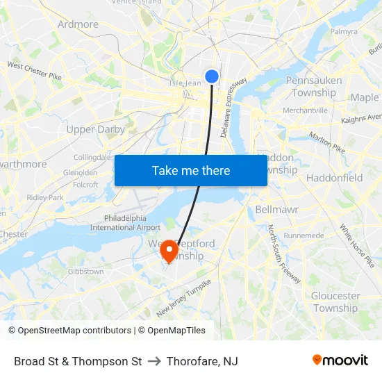 Broad St & Thompson St to Thorofare, NJ map