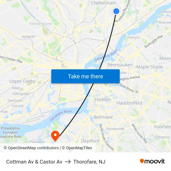 Cottman Av & Castor Av to Thorofare, NJ map