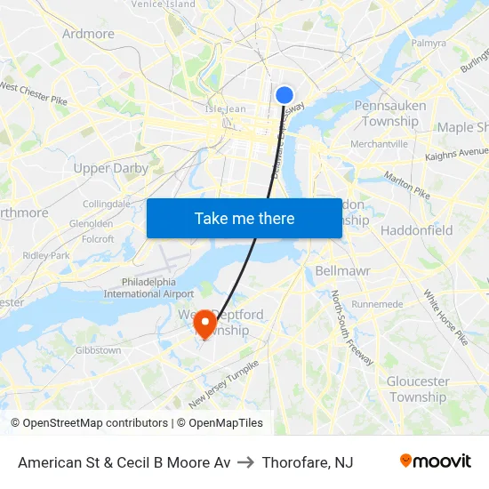 American St & Cecil B Moore Av to Thorofare, NJ map