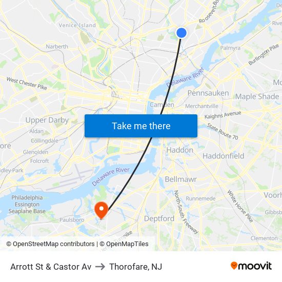 Arrott St & Castor Av to Thorofare, NJ map