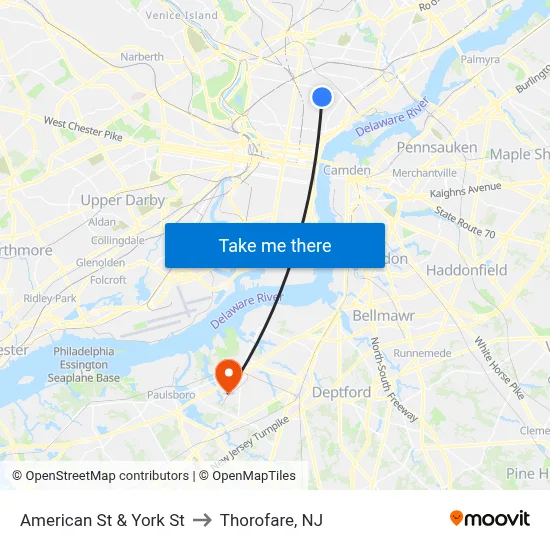 American St & York St to Thorofare, NJ map