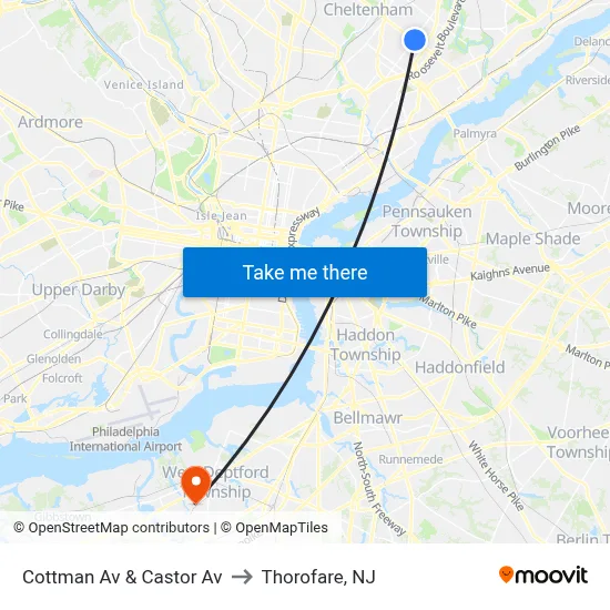 Cottman Av & Castor Av to Thorofare, NJ map