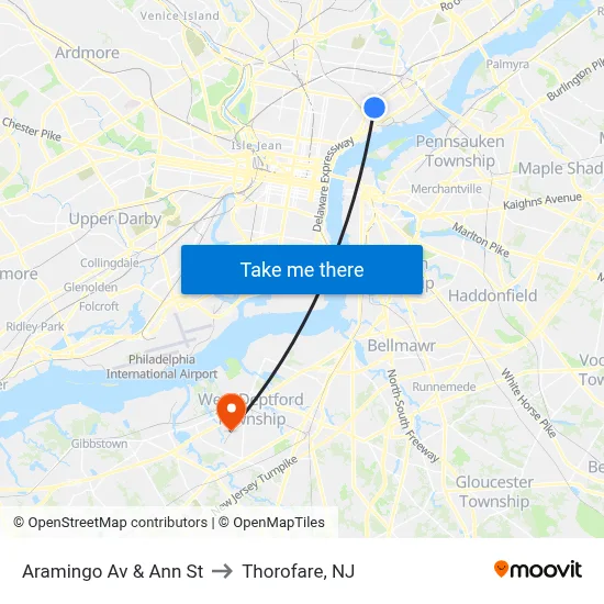 Aramingo Av & Ann St to Thorofare, NJ map