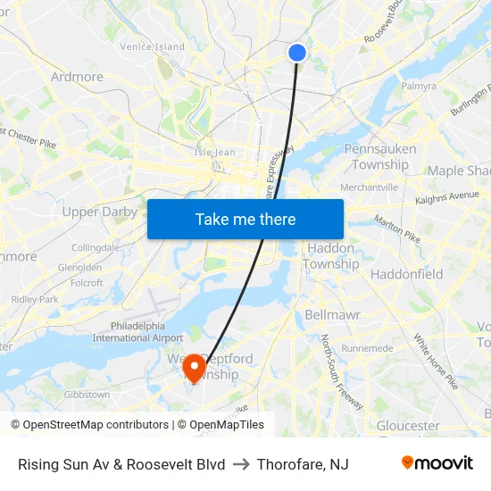 Rising Sun Av & Roosevelt Blvd to Thorofare, NJ map