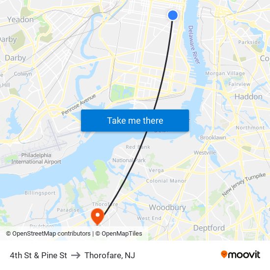 4th St & Pine St to Thorofare, NJ map