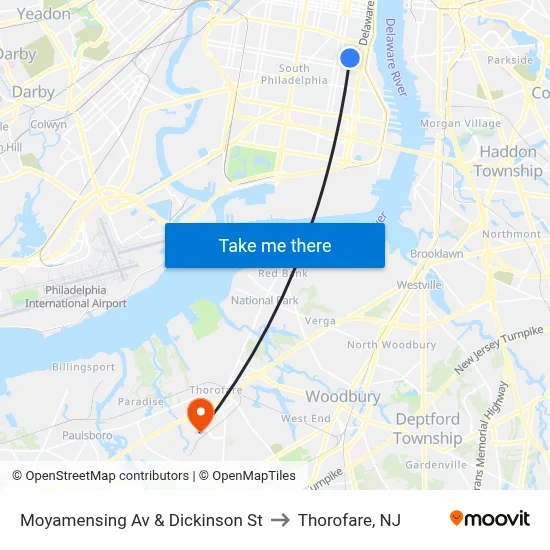 Moyamensing Av & Dickinson St to Thorofare, NJ map