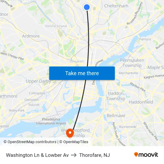 Washington Ln & Lowber Av to Thorofare, NJ map