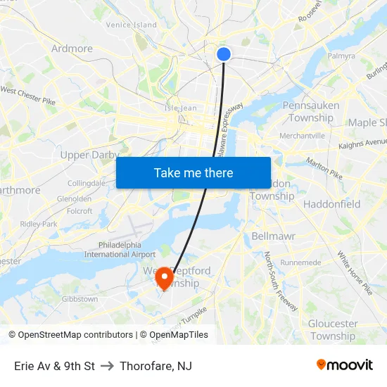 Erie Av & 9th St to Thorofare, NJ map