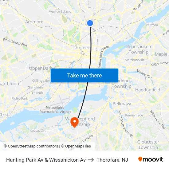 Hunting Park Av & Wissahickon Av to Thorofare, NJ map