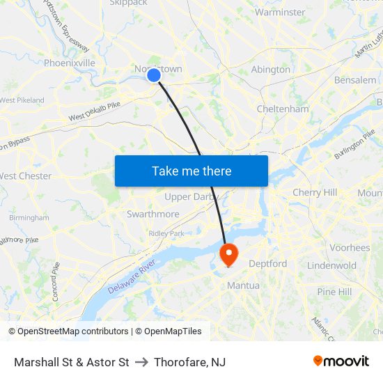 Marshall St & Astor St to Thorofare, NJ map
