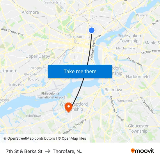 7th St & Berks St to Thorofare, NJ map