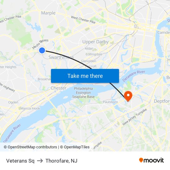 Veterans Sq to Thorofare, NJ map
