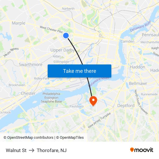 Walnut St to Thorofare, NJ map