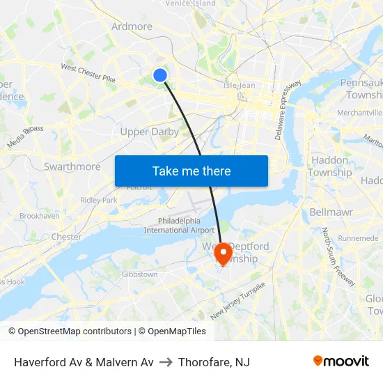 Haverford Av & Malvern Av to Thorofare, NJ map
