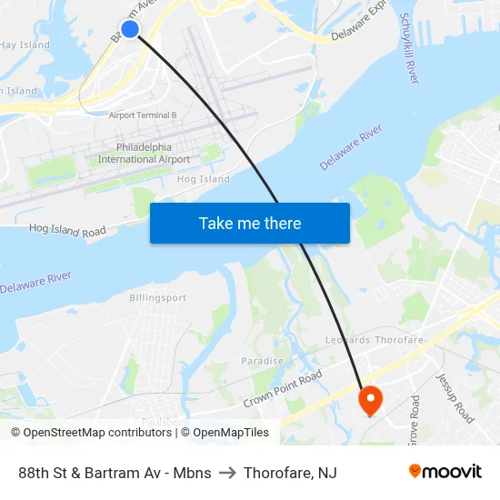 88th St & Bartram Av - Mbns to Thorofare, NJ map