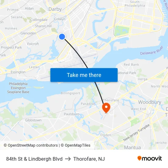 84th St & Lindbergh Blvd to Thorofare, NJ map