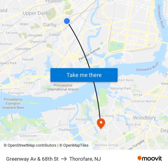 Greenway Av & 68th St to Thorofare, NJ map