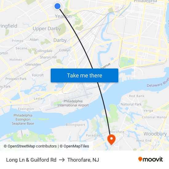 Long Ln & Guilford Rd to Thorofare, NJ map