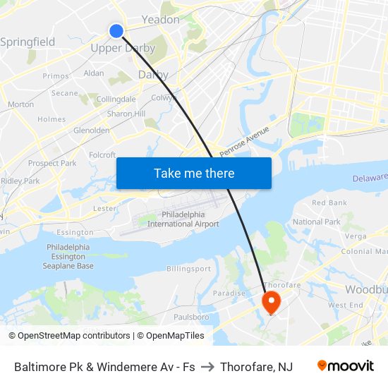 Baltimore Pk & Windemere Av - Fs to Thorofare, NJ map