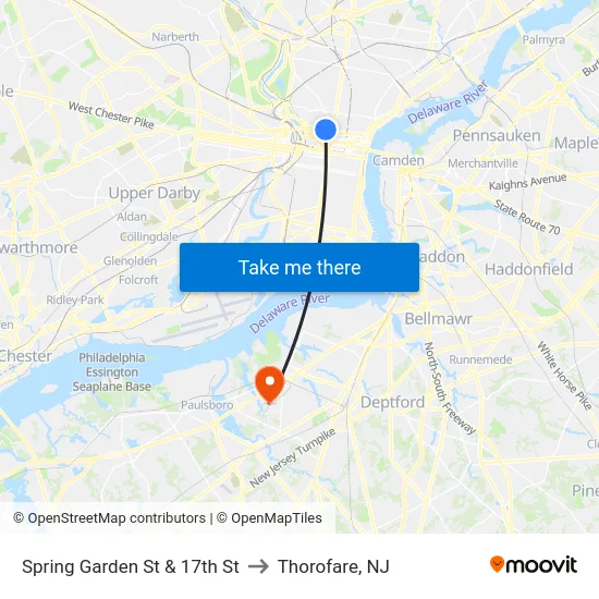 Spring Garden St & 17th St to Thorofare, NJ map