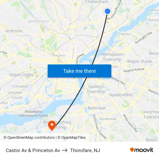 Castor Av & Princeton Av to Thorofare, NJ map