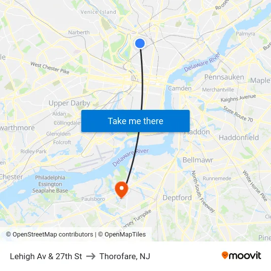 Lehigh Av & 27th St to Thorofare, NJ map
