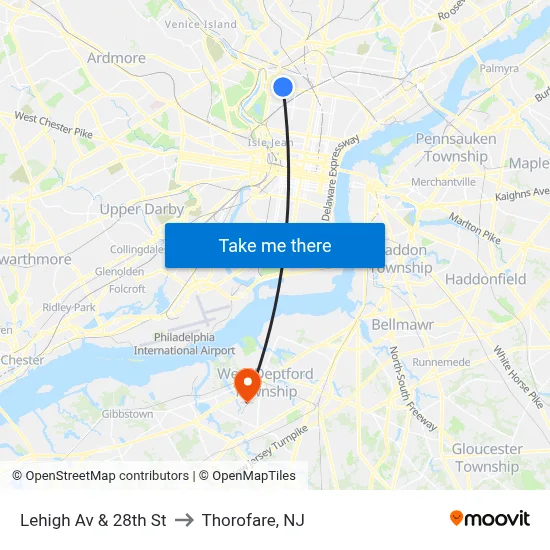 Lehigh Av & 28th St to Thorofare, NJ map