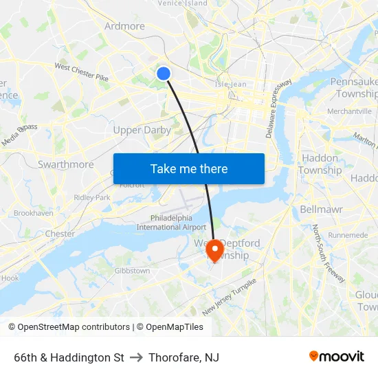 66th & Haddington St to Thorofare, NJ map