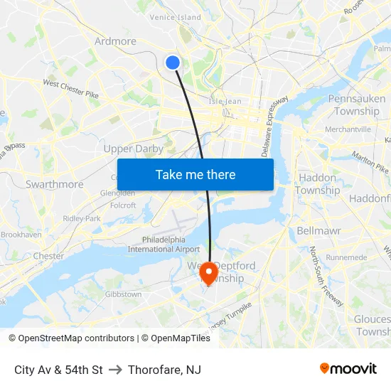 City Av & 54th St to Thorofare, NJ map