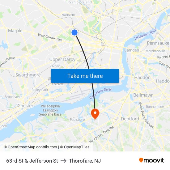 63rd St & Jefferson St to Thorofare, NJ map