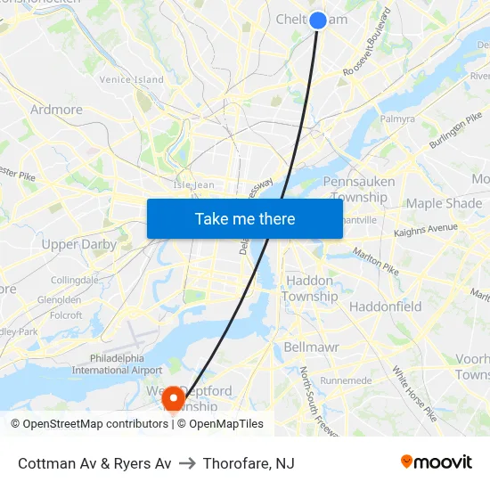 Cottman Av & Ryers Av to Thorofare, NJ map