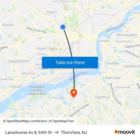 Lansdowne Av & 54th St to Thorofare, NJ map