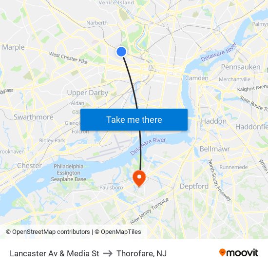 Lancaster Av & Media St to Thorofare, NJ map