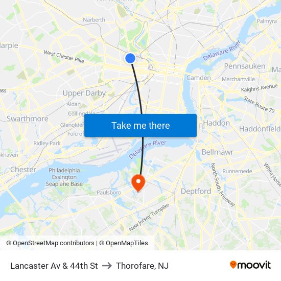 Lancaster Av & 44th St to Thorofare, NJ map