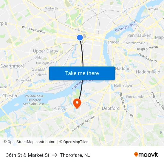 36th St & Market St to Thorofare, NJ map