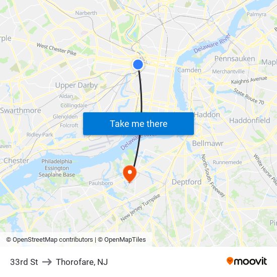 33rd St to Thorofare, NJ map
