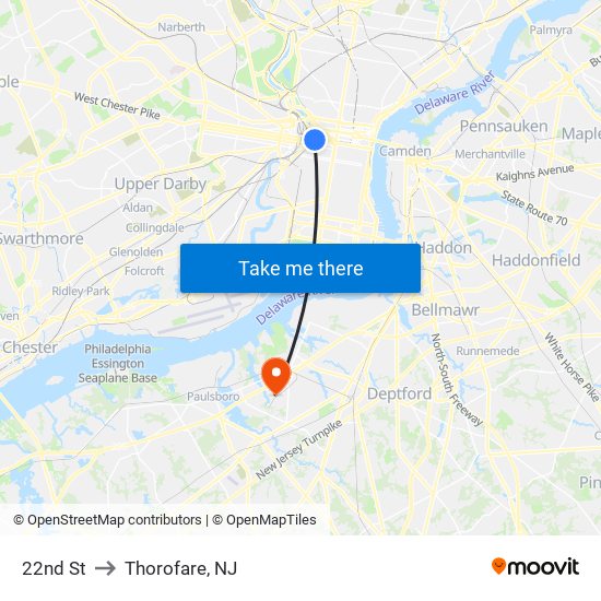 22nd St to Thorofare, NJ map