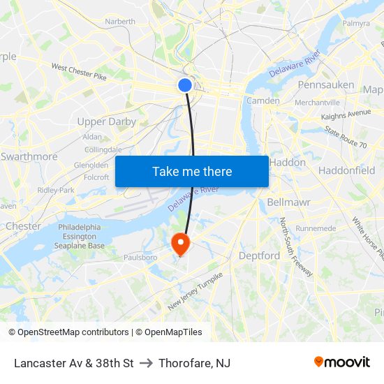 Lancaster Av & 38th St to Thorofare, NJ map