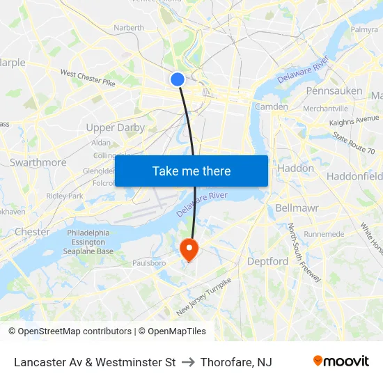 Lancaster Av & Westminster St to Thorofare, NJ map
