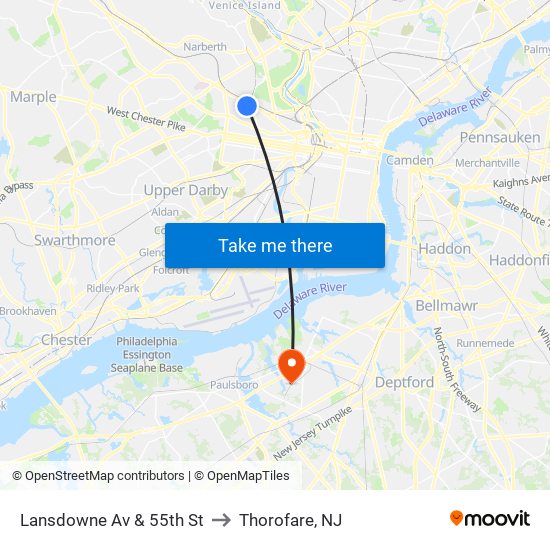 Lansdowne Av & 55th St to Thorofare, NJ map