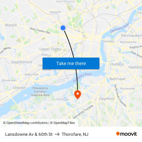 Lansdowne Av & 60th St to Thorofare, NJ map