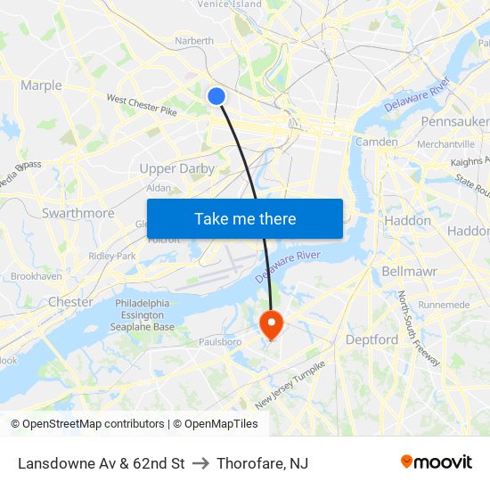 Lansdowne Av & 62nd St to Thorofare, NJ map
