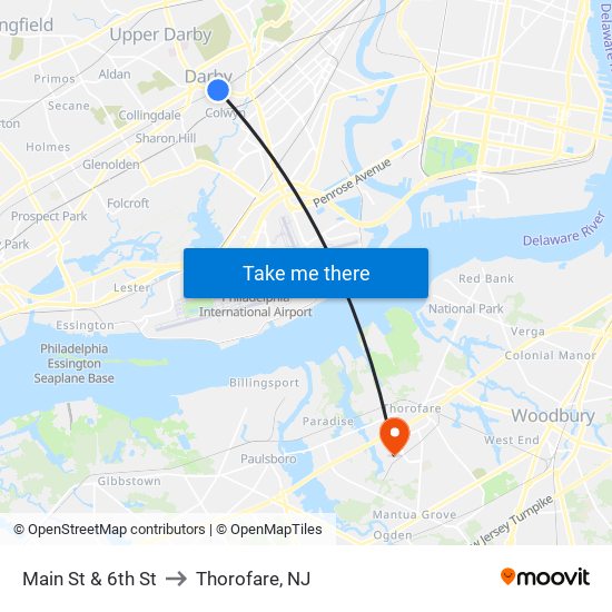 Main St & 6th St to Thorofare, NJ map