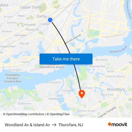 Woodland Av & Island Av to Thorofare, NJ map